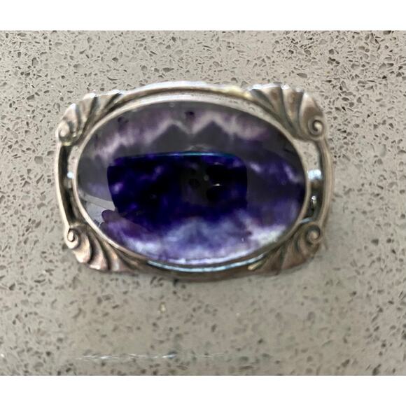 Vintage Sterling Silver and Charoite Pin with Hallmarks 1-1/8" x 7/8" - Picture 2 of 5